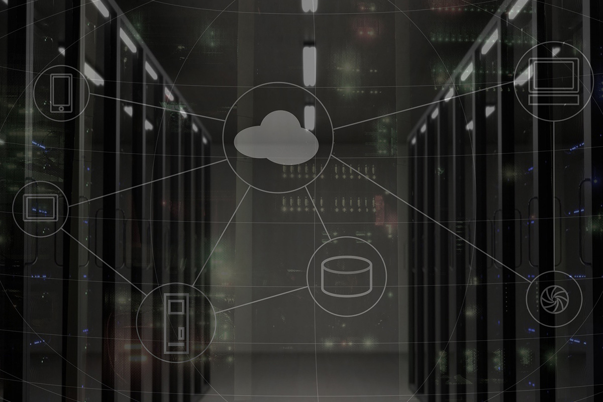 An image of a server room with a cloud connected to it.