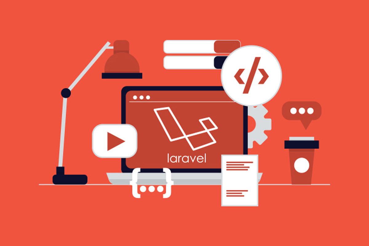 A red background with a laptop, laravel logo, and other items on it.