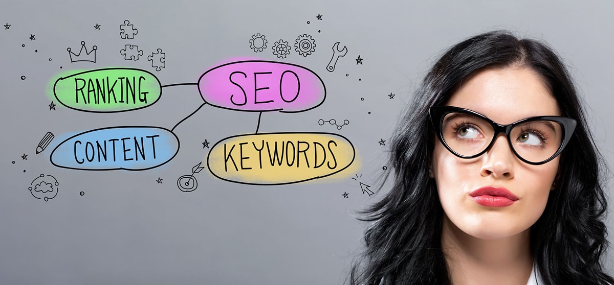 A woman wearing glasses and looking at the screen where SEO, Keywords, Content and Ranking is written.