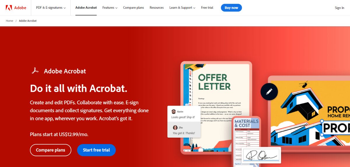 A screenshot of Adobe Acrobat website.