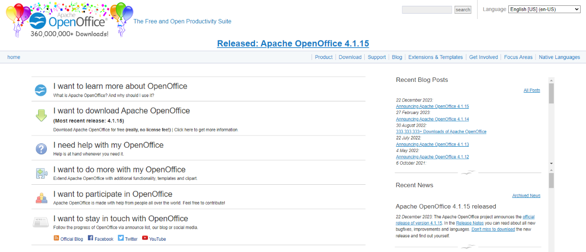 A screenshot of Apache OpenOffice website.