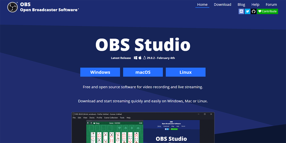 A screenshot of the OBS Studio website.