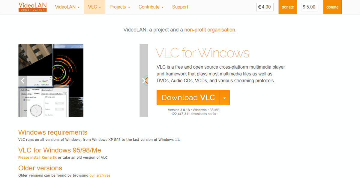 A screenshot of the VLC Media Player website.