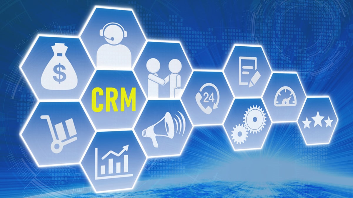 The word crm is shown on a blue background.