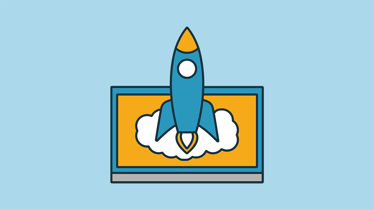 An icon of a rocket flying out of a computer screen.