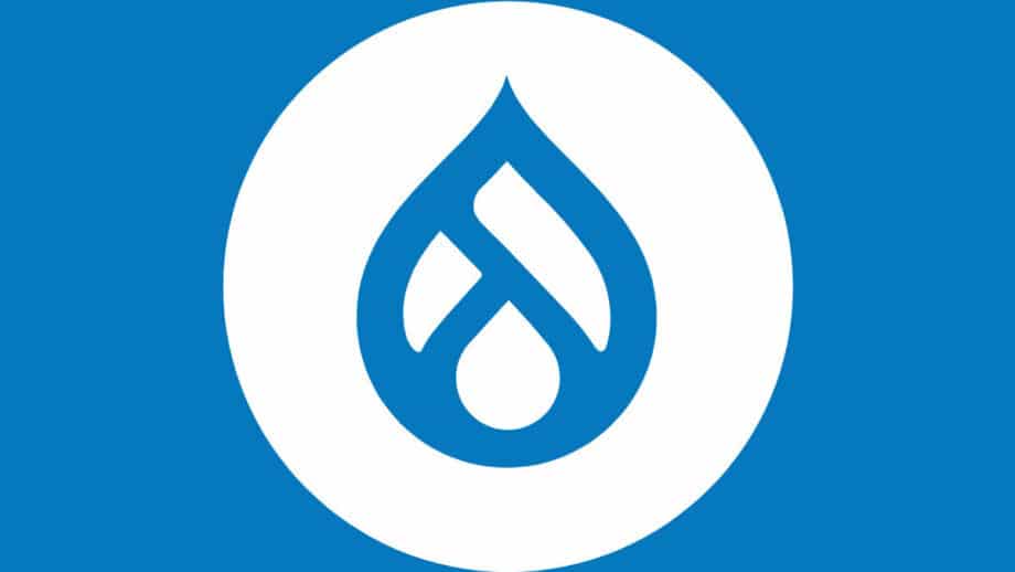 A blue and white Drupal logo in a blue background.