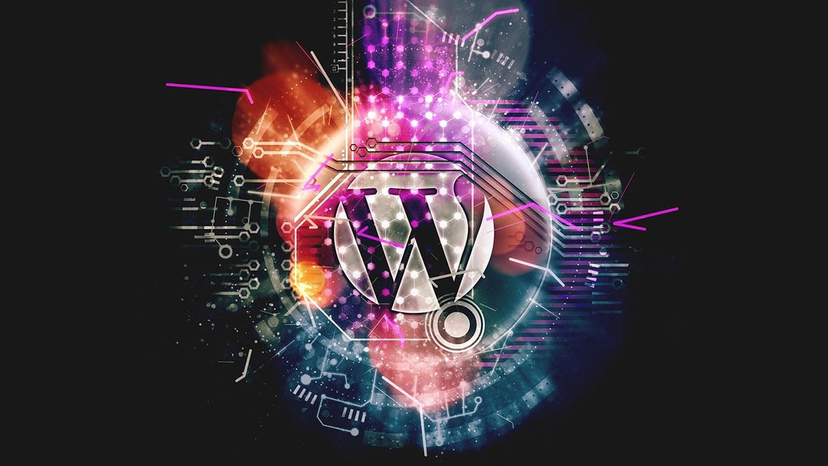 Wordpress logo on a dark background.