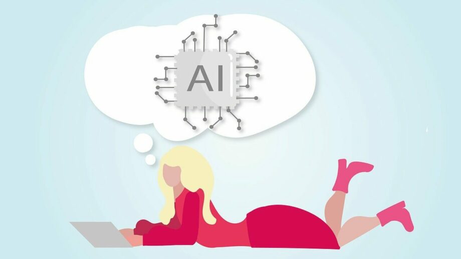 A woman laying on the ground with a laptop and an ai in the air.