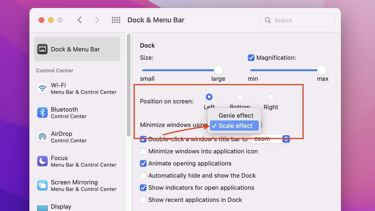 Changing the minimize effect on MacOS Dock settings.