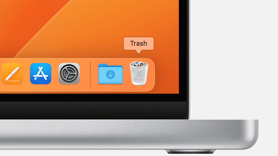 A macbook with a trash icon on the screen.