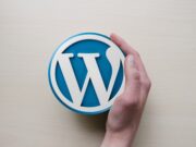 A person holding a wordpress logo on top of a wooden table.