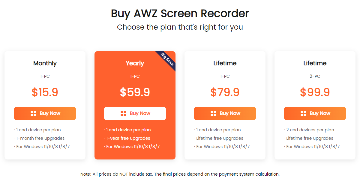 AWZ Screen Recorder Pricing screenshot.