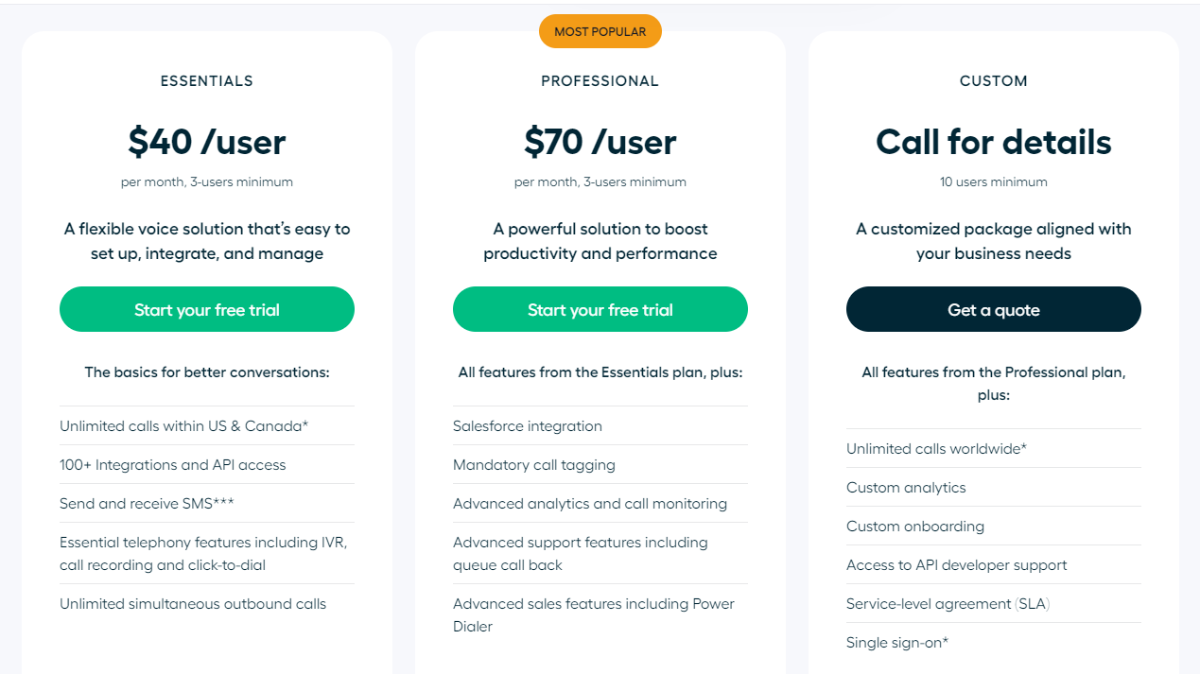 A screenshot table showing different plans and pricing options for Aircall cloud business phone system and call center software.