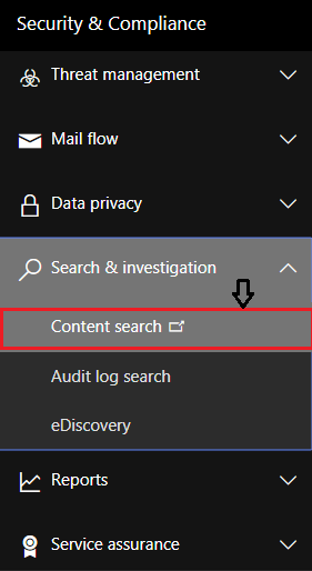 Then, navigate to the Security & Compliance option and choose the Content Search option.