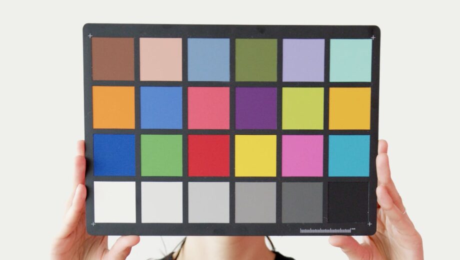A woman holding up a color palette in front of her face.