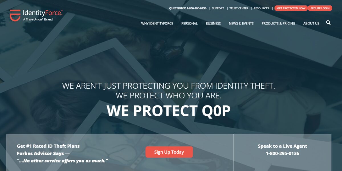 A screenshot of the IdentityForce website.