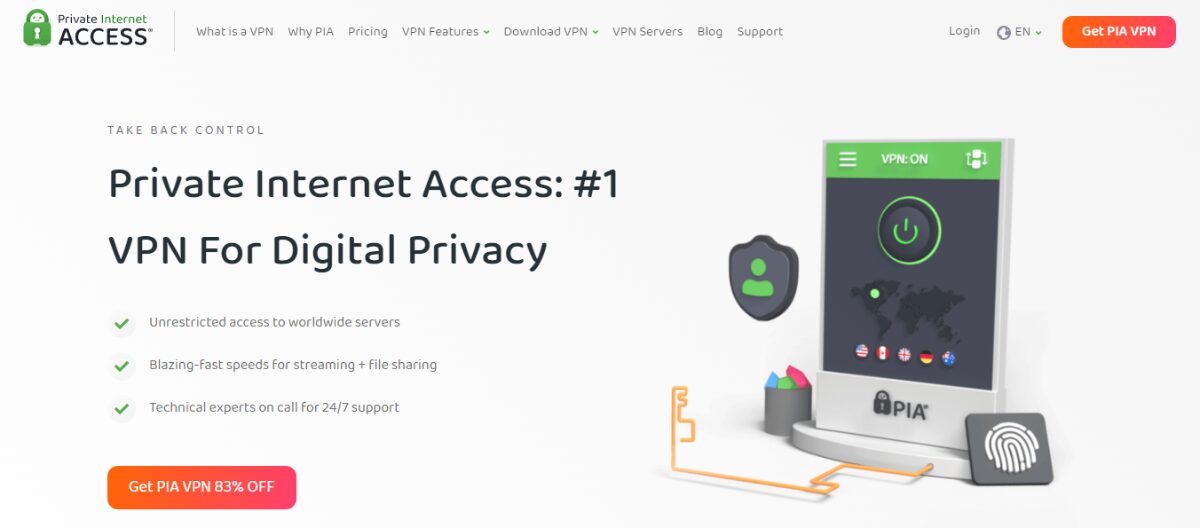 A screenshot of the Private Internet Access website.