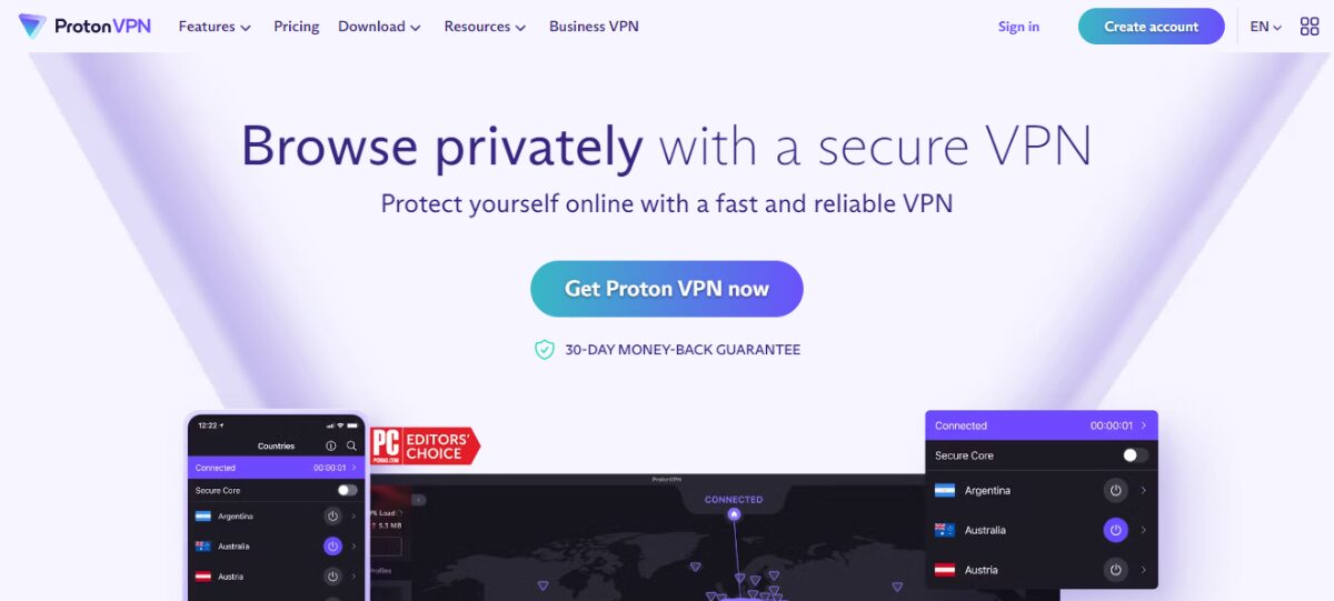 A screenshot of the Proton VPN website.