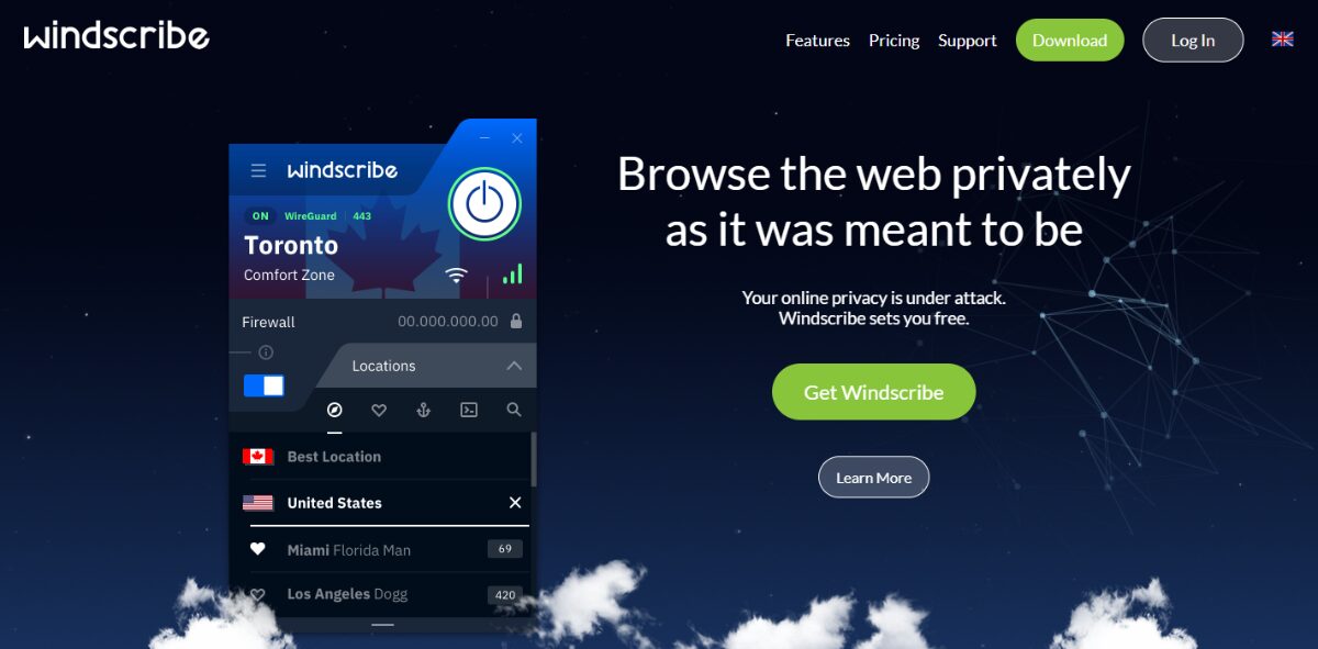 A screenshot of the Windscribe VPN website.