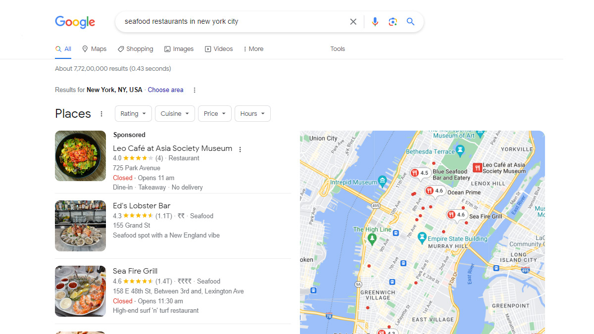 A google search page with map showing the location of some restaurants.