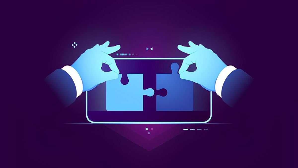 Two hands holding a puzzle piece on a tablet.
